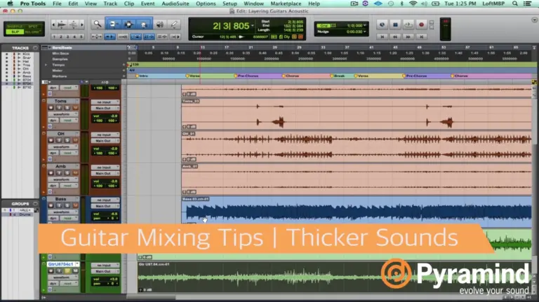 Guitar mixing tips for achieving thicker sounds in music production.