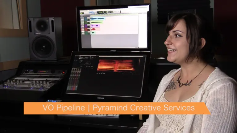 A woman in front of a computer with the words vo pipeline music producer creative services.