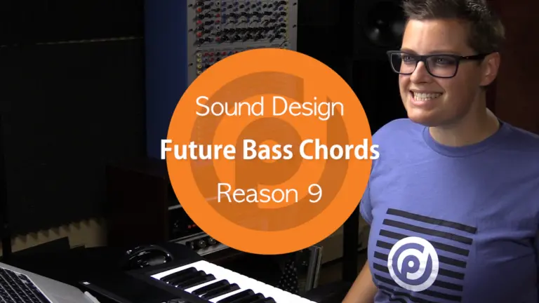 Music producer creates sound design future bass chords using Reason 9, a music production program.