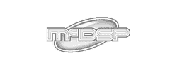 The logo for mdsp, a music production program, on a gray background.