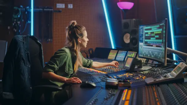 Female Audio Engineer Working in Music Recording Studio, Uses Mixing Board and Software to Create Modern Sound. Creative Girl Artist Musician Working on Control Desk to Produce New Song