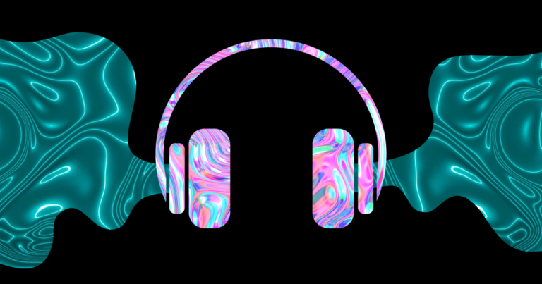 Neon-colored headphones with a psychedelic pattern centered between abstract, flowing teal shapes on a black background.