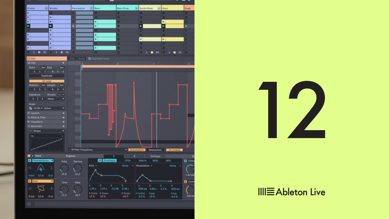 A split image featuring a screenshot of ableton live 12 music production software on the left, and the number "12" on a green background with the ableton live logo on the right.