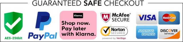 A banner showcasing various secure payment options for online checkout, including paypal, klarna, and major credit cards.